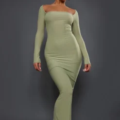 Robe Longue Kaki En Maille Douce à Col Rond