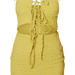 Robe Moulante Vert Citron Texturée à Bretelles Nouées Et Devant Lacé -Pas Cher Robe Tendre Magasin c5113a9aaf0984cdb44c86b751dabd52a6890738 cmw9227 6