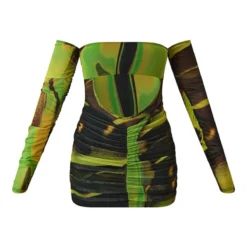 Robe Moulante Froncée En Mesh Imprimé Fumée Vert à Col Bardot -Pas Cher Robe Tendre Magasin c764495233cc2541419934dc8883c394bf814871 cnd0419 5