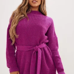 Robe Pull En Maille Tricot Gaufrée Violette
