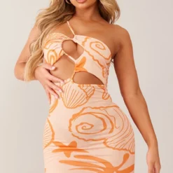 Logic Robe Moulante Fleurie Orange à Découpes Et Bretelle Asymétrique