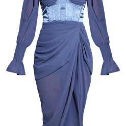 Robe Mi-longue Satinée Bleu Minéral à Parties En Mousseline De Soie Drapée -Pas Cher Robe Tendre Magasin c87793c196daa1bf20c39e96b738e59bbe322d5c cmu6123 6