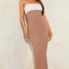 Robe Bustier Longue En Effet Lin Bicolore Camel