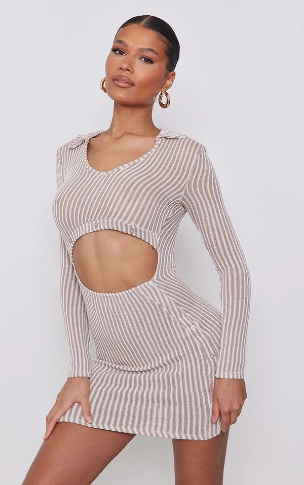 Robe Moulante Boutonnée En Maille Côtelée Marron à Rayures Et Col 5 Robe Moulante Boutonnée En Maille Côtelée Marron à Rayures Et Col – Image 5