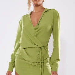 Robe Chemise Satinée Vert Olive Nouée à La Taille 7 Robe Chemise Satinée Vert Olive Nouée à La Taille -Pas Cher Robe Tendre Magasin cad12eb3eac355d23082c1310f6909b01984528b cnb9425 3