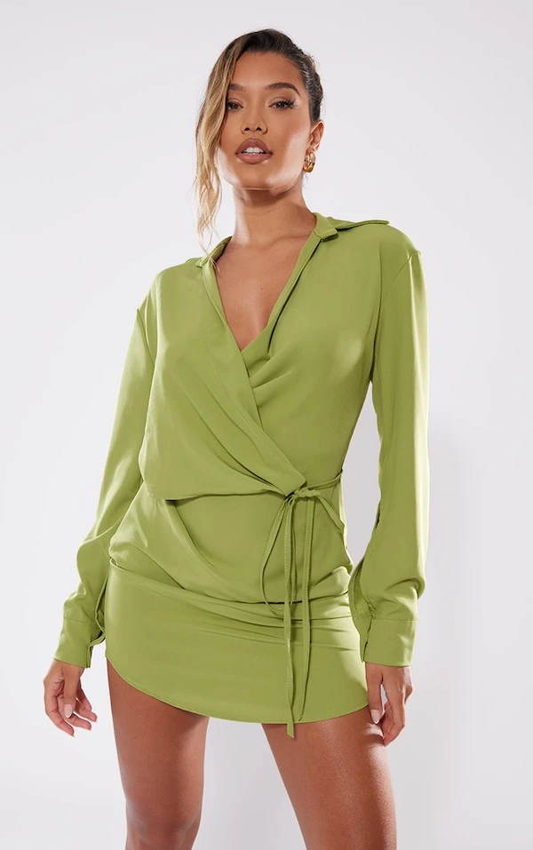 Robe Chemise Satinée Vert Olive Nouée à La Taille 3 Robe Chemise Satinée Vert Olive Nouée à La Taille – Image 3