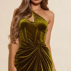 Robe Mi-longue En Velours Vert Olive à épaule Unique, Détail Corset Et Drapée Sur Le Côté -Pas Cher Robe Tendre Magasin cadea9955023793b113d6f365af6d34b8f567691 cmu4096 5