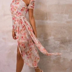Robe Moulante Asymétrique En Mousseline De Soie Rose Fleurie à Drapé -Pas Cher Robe Tendre Magasin cc7e2de621fe85049578d751c81592c312f905b6 CMW3761 3