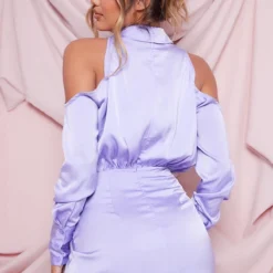 Robe Chemise Cache-coeur Satinée Lilas à épaules Dénudées -Pas Cher Robe Tendre Magasin ccce56eb7c74a3d1b865419e910ad3b1a1a3dac3 cnd2340 2