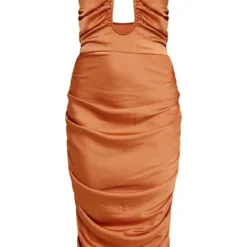 Robe Mi-longue Satinée Orange Brûlé Froncée Décolletée -Pas Cher Robe Tendre Magasin cce1885b82c7cf12bb3471c4f2487c2cc844d3f0 cnd7588 5