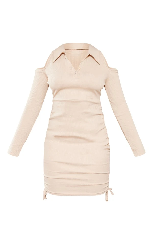Robe Moulante Côtelée Sable Froncée à épaules Dénudées 5 Robe Moulante Côtelée Sable Froncée à épaules Dénudées – Image 5