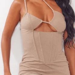 Robe Moulante En Jersey Texturé Taupe à Corset Et Bretelles -Pas Cher Robe Tendre Magasin cd03bfd7c9fed9e7a45f59c25b06f07cf885ed9d cnd8902 4