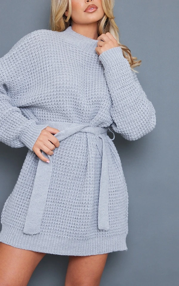 Robe Pull En Maille Tricot Gaufrée Grise 4 Robe Pull En Maille Tricot Gaufrée Grise – Image 4