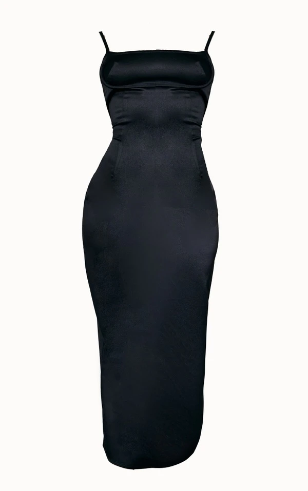 Robe Longue Satinée Noire à Buste Contrastant 5 Robe Longue Satinée Noire à Buste Contrastant – Image 5