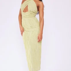 Robe Mi-longue En Jersey Texturé Vert Sauge à Bretelles Croisées Au Cou -Pas Cher Robe Tendre Magasin ce66d80d9ead214ca4ebe76f851659346fcf8ce6 cne2987 3