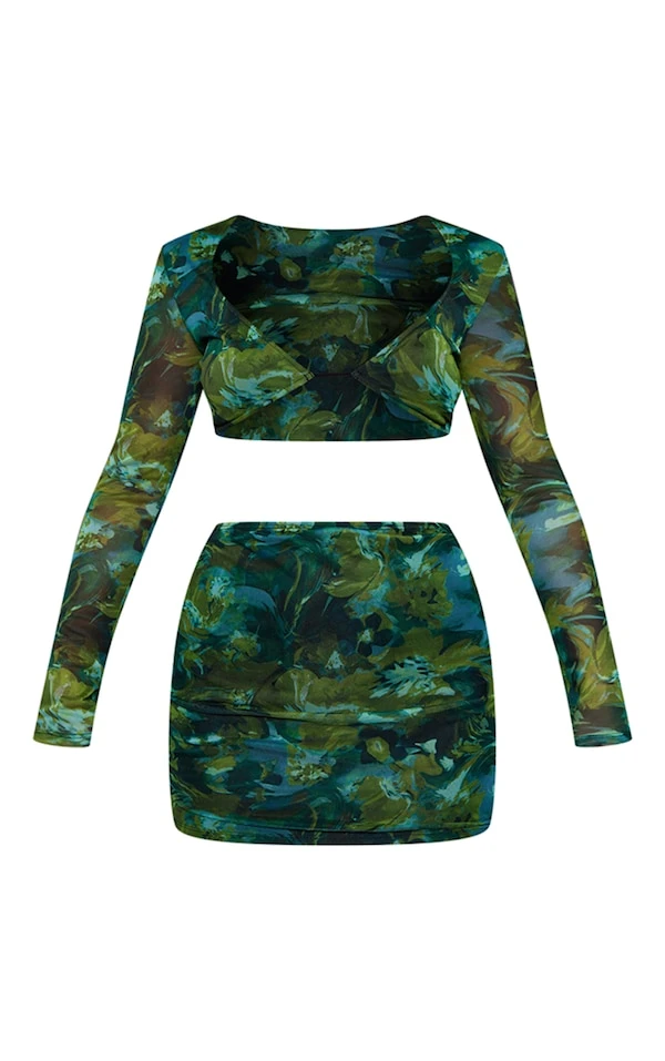 Robe Moulante En Mesh Vert Imprimé Abstrait à Manches Longues Et Découpes 5 Robe Moulante En Mesh Vert Imprimé Abstrait à Manches Longues Et Découpes – Image 5