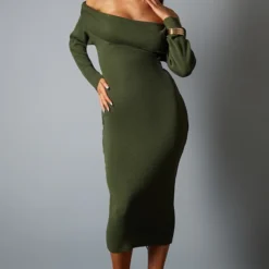 Robe Mi-longue Kaki En Maille Tricot à Col Bardot -Pas Cher Robe Tendre Magasin d1acfed40633aabc48cc572c98e8211924c98005 cnb8452 3