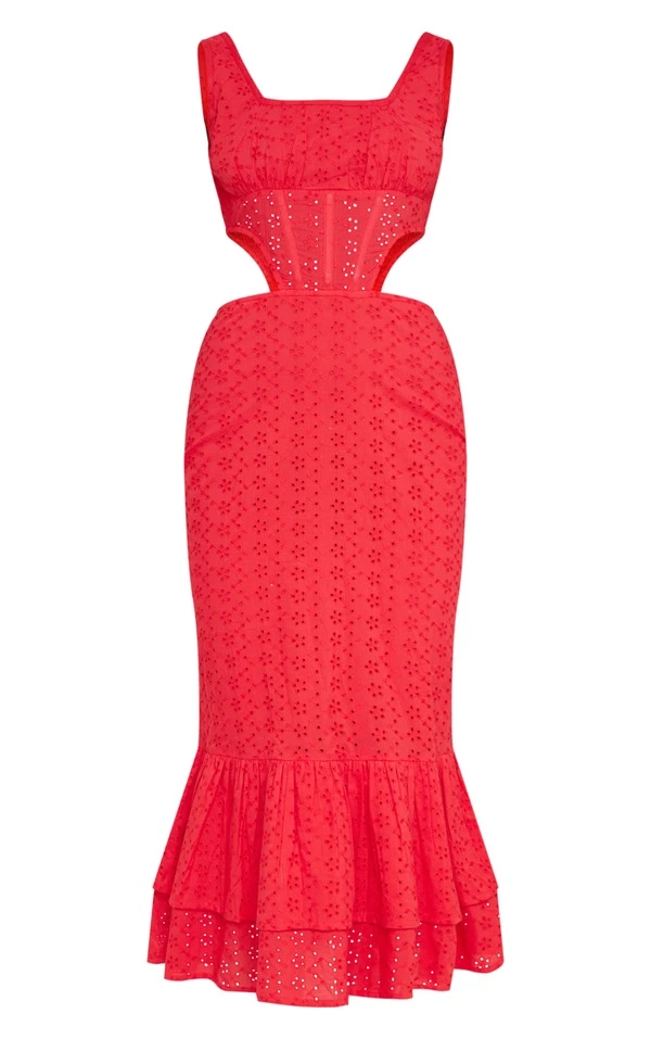 Robe Longue En Broderie Anglaise Rouge à Corset Et étages 5 Robe Longue En Broderie Anglaise Rouge à Corset Et étages – Image 5