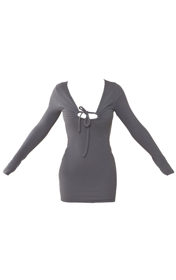 Robe Moulante Texturée Froncée Gris Anthracite à Manches Longues Et Liens Noués 5 Robe Moulante Texturée Froncée Gris Anthracite à Manches Longues Et Liens Noués – Image 5