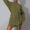 Robe Pull Kaki En Maille Tricot Douce à Ceinture
