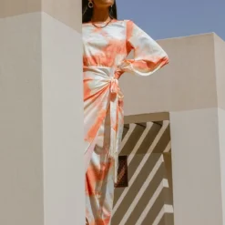 Robe Longue Portefeuille Nouée Orange Imprimé Aquarelle à Franges -Pas Cher Robe Tendre Magasin d24d866b983611d7bc7c5f541215a9d22038cba4 cmq5750 3