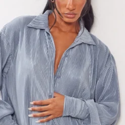 Robe Chemise Bleu Minéral Plissée à Ourlet Volanté -Pas Cher Robe Tendre Magasin d2ecd6be65bd864ce7be0a5d9069b41bde7682a3 cnd0032 4