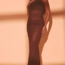 Robe Longue En Mesh Très Froncé Chocolat à Col Montant