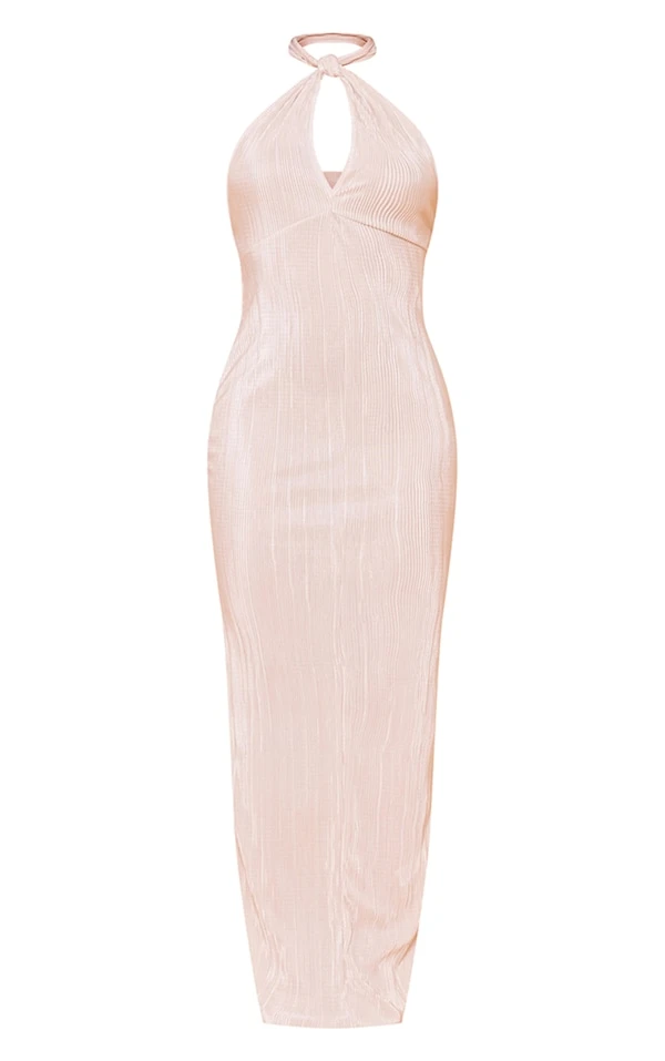 Robe Longue Plissée Gris Pierre à Dos Nu Et Liens Noués 4 Robe Longue Plissée Gris Pierre à Dos Nu Et Liens Noués – Image 4