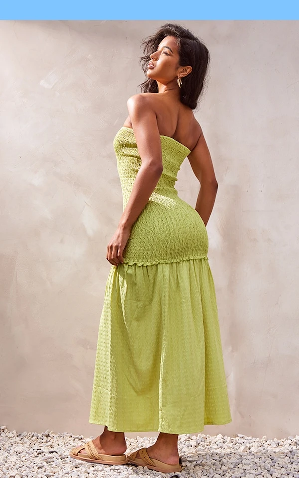 Robe Longue Bustier Froncée Vert Citron à étages 2 Robe Longue Bustier Froncée Vert Citron à étages – Image 2