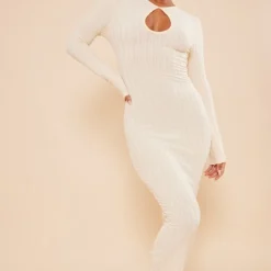 Robe Longue Très Côtelée écrue à Découpe Goutte D'eau Et Manches Longues