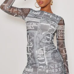 Robe Moulante à Imprimé Noir & Blanc En Mesh à Manches Longues -Pas Cher Robe Tendre Magasin d502a88d0a08c6665221b9a92005b5eb8fa1d637 cnb3516 3