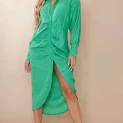 Robe Chemise Mi-longue Texturée Verte à Manches Longues Et Fronces