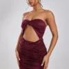 Robe Moulante Froncée Satinée Prune Bustier à Détail Torsadé
