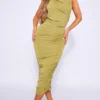 Robe Mi-longue Moulante Vert Olive Asymétrique Froncée