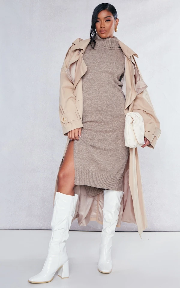 Robe Pull Mi-longue En Maille Gris Pierre à Boucle Et Col Roulé 3 Robe Pull Mi-longue En Maille Gris Pierre à Boucle Et Col Roulé – Image 3