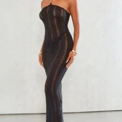 Robe Longue Texturée Ajourée Noire à Empiècement -Pas Cher Robe Tendre Magasin d97fd75d4aa02a1483baf5902636df76f80c997a cne2703 3