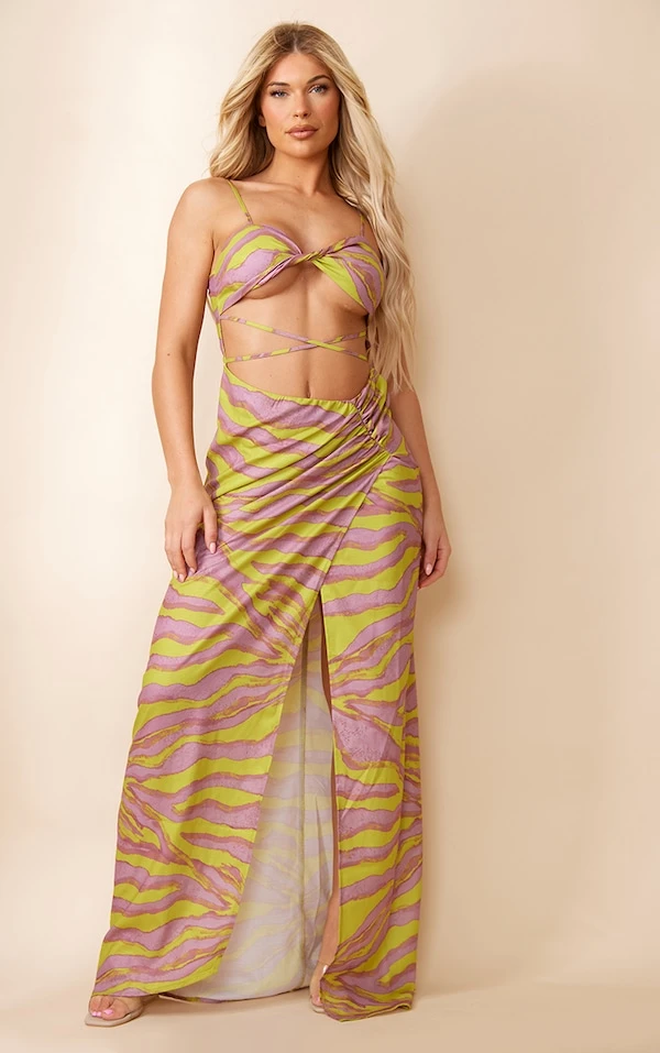 Robe Longue Multicolore Imprimé Animal Découpée Et Torsadée à Bretelles 1 Robe Longue Multicolore Imprimé Animal Découpée Et Torsadée à Bretelles