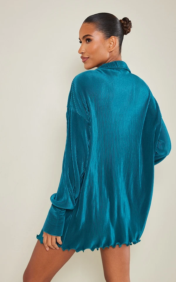 Robe Chemise Plissée Bleu Sarcelle à Ourlet Volanté 2 Robe Chemise Plissée Bleu Sarcelle à Ourlet Volanté – Image 2