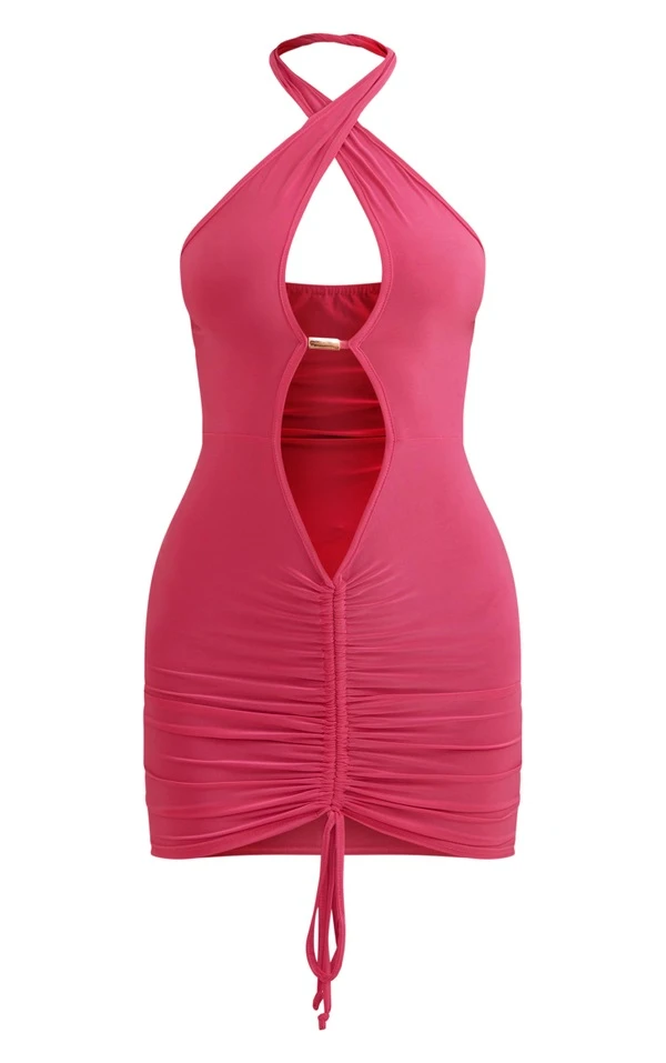 Robe Très Moulante Froncée Rose Vif à Découpes Et Empiècement 5 Robe Très Moulante Froncée Rose Vif à Découpes Et Empiècement – Image 5