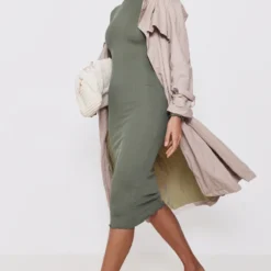 Robe Mi-longue Côtelée Kaki à Manches Longues Et Ourlet Légèrement Volanté -Pas Cher Robe Tendre Magasin dc6165943c4c447e924e6af30ddc63ddf98e5b16 cnd4271 3