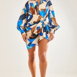 Robe Droite Satinée Multicolore Imprimé Peinture à Manches Oversize Et Jupe Drapée -Pas Cher Robe Tendre Magasin dcc5576fb32f7b2e87cb7dc8225cdb0d7775beca cnd5885 3