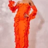 Robe Longue En Mousseline De Soie Orange Brûlé à Corset Et Manches Longues