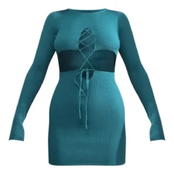 Robe Côtelée Vert émeraude à Lacets Devant -Pas Cher Robe Tendre Magasin ddd00c6797c6c206accdbbf9e8cc1a3742fe74b2 cnb6435 5