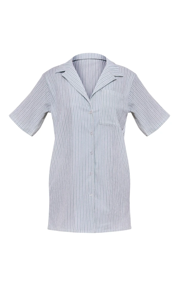 Robe Chemise Texturée Rayée Vert Sauge à Manches Courtes Et Poche 5 Robe Chemise Texturée Rayée Vert Sauge à Manches Courtes Et Poche – Image 5