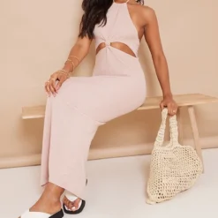 Robe Longue En Maille Côtelée Gris Pierre à Découpes Et Noeud