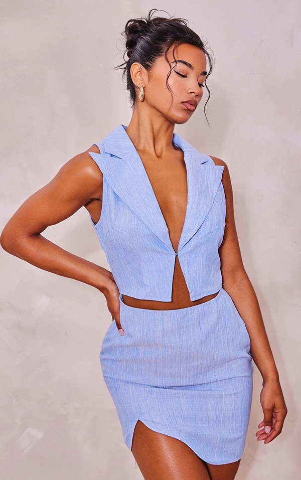 Robe Moulante Style Gilet Bleue Effet Lin à Découpes 1 Robe Moulante Style Gilet Bleue Effet Lin à Découpes