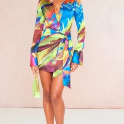 Robe Chemise Satinée Imprimé Abstrait Multicolore à Détail Noué -Pas Cher Robe Tendre Magasin e0fd53fc34c52c42b4872056510df86fc223c0f8 cne4574 3