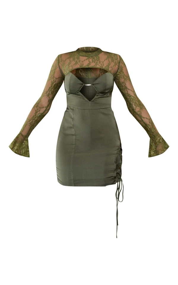 Robe Moulante Satinée Vert Olive à Bonnets Et Manches En Dentelle Froncée 5 Robe Moulante Satinée Vert Olive à Bonnets Et Manches En Dentelle Froncée – Image 5