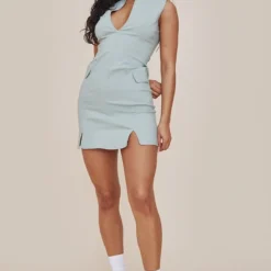 Robe Moulante Décolletée Vert Sauge Sans Manches à Détail Poches -Pas Cher Robe Tendre Magasin e1fa629ebc31ea6026acc9f9cd8e31dd9e0956f1 cnd4066 3