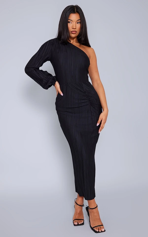 Robe Longue Asymétrique Plissée Froncée Noire 1 Robe Longue Asymétrique Plissée Froncée Noire